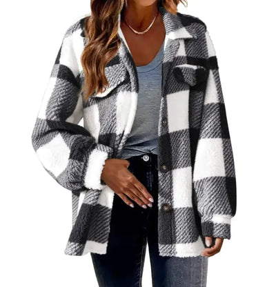 Plush Plaid Women's Autumn And Winter Open Button Lapel Thermal Plaid Pattern Jacket